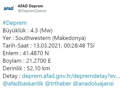 Son dakika: Makedonya’da 4,3 şiddetinde deprem | 2021 son depremler - 1