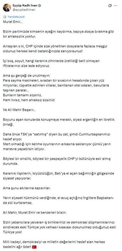 chpli-ali-mahir-basarirdan-baskan-erdogana-yonelik-cirkin-sozler-tepkiler-cig-gibi-had-bilmezlerse-millet-bild-1760971084559.jpg AK Parti Genel Sekreteri Eyyüp Kadir İnan, CHP Grup Başkanvekilleri Ali Mahir Başarır ve Murat Emir'in açıklamalarına sosyal medya hesabı üzerinden tepki gösterdi (X - Ekran görüntüsü)