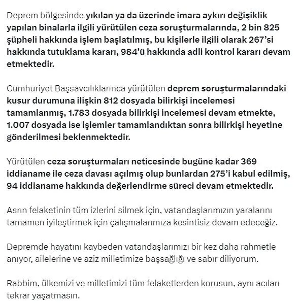 adalet-bakani-yilmaz-tunctan-deprem-sorusturmalarina-iliskin-aciklama-2-bin-825-supheli-hakkinda-islem-baslati-1706976953420.jpeg Adalet Bakanı Yılmaz Tunç'tan deprem soruşturmalarına ilişkin açıklama: 2 bin 825 şüpheli hakkında işlem başlatıldı - 2