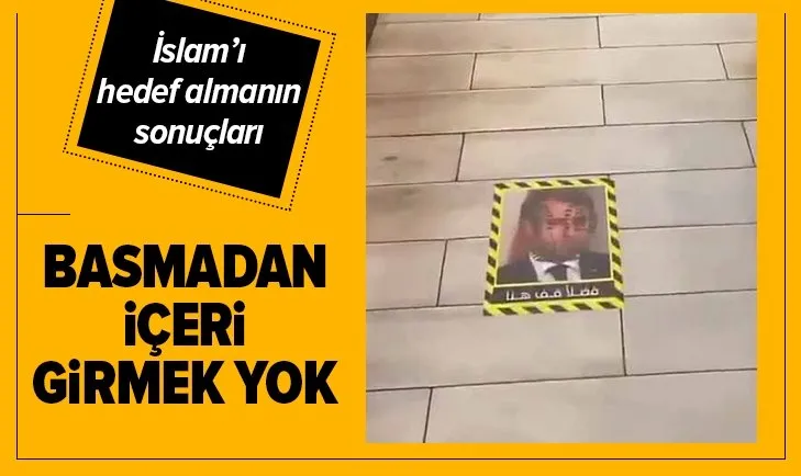 Kuveyt’te restoranın giriş zeminine Macron fotoğrafı yapıştırıldı ve üstüne bastırıldı