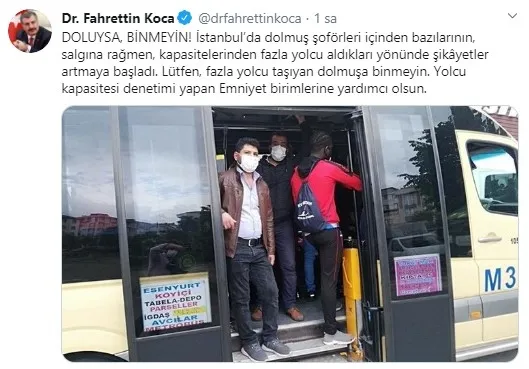 Sağlık Bakanı Fahrettin Koca uyardı: Fazla yolcu taşıyan dolmuşa binmeyin - 1