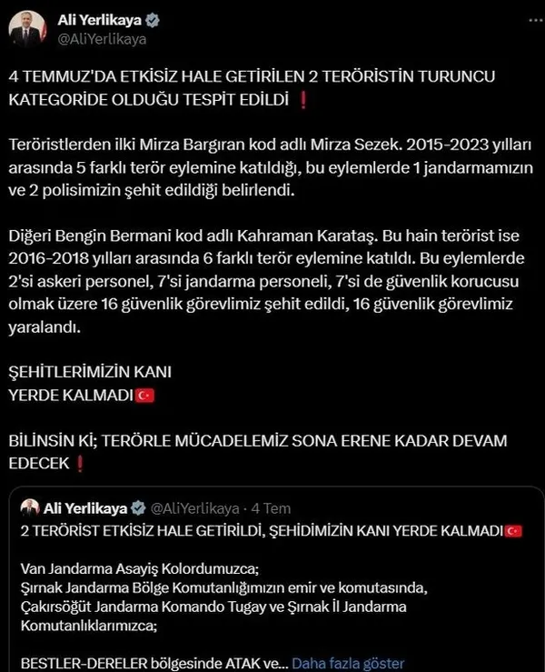 Bakan Ali Yerlikaya duyurdu: Etkisiz hale getirilen 2 terörist turuncu kategoride...