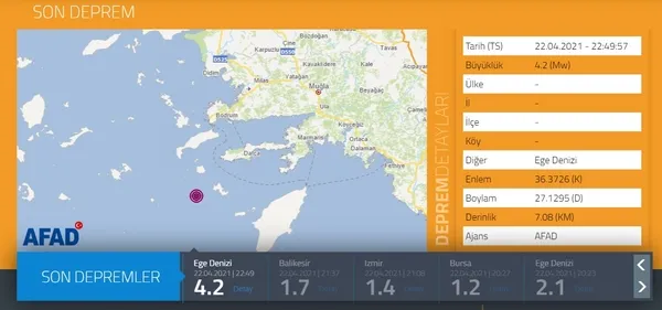 SON DAKİKA DEPREM HABERİ | Muğla'nın Datça ilçesinde 4,2'lik deprem (2021 son depremler) - 2
