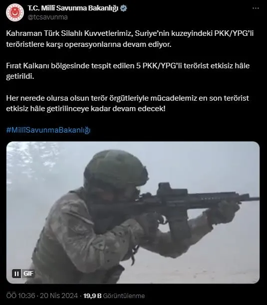 Fırat Kalkanı’nda PKK’ya bir darbe daha! 5 terörist öldürüldü