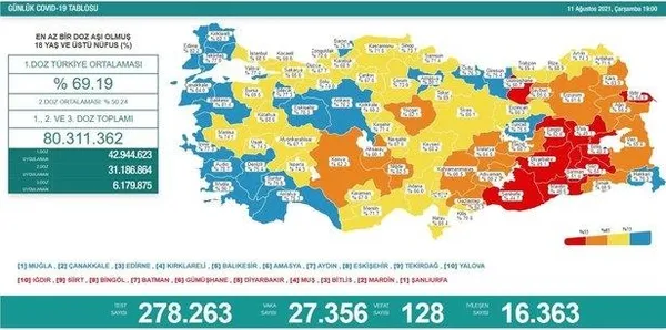 Son dakika: Sağlık Bakanlığı 13 Ağustos 2021 Kovid-19 vaka-vefat ve aşı tablosu - 11