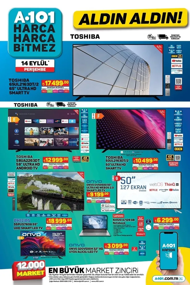 14 Eylül A101 aktüel ürünler kataloğu: A101’e 65 inç Toshiba 65 LED TV, Lenovo bilgisayar, yuvarlak fırın, 8 Litre airfryer, katlanabilir tabure geliyor