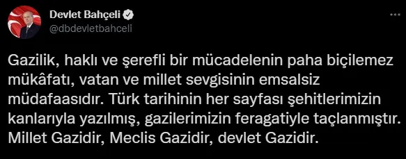 MHP Genel Başkanı Devlet Bahçeli 19 Eylül Gaziler Günü mesajı