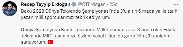 Başkan Erdoğan’dan Bakü 2023 Dünya Tekvando Şampiyonası’nda madalya kazanan sporculara tebrik