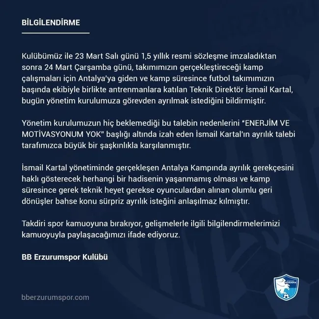 Süper Lig’de flaş ayrılık! BB Erzurum ile İsmail Kartal’ın yolları ayrıldı