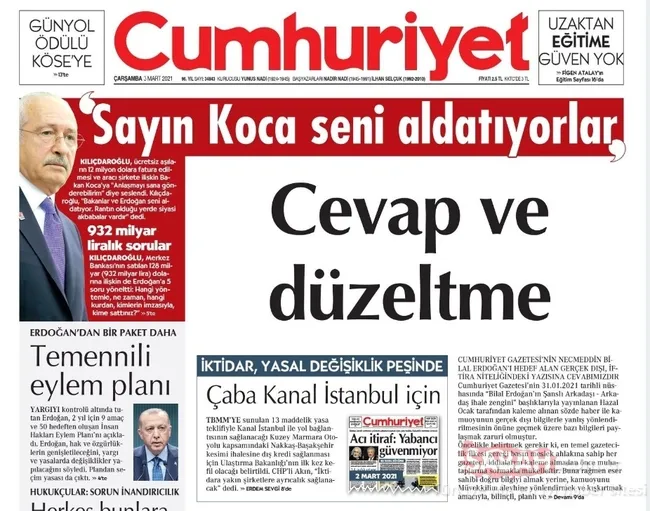 Cumhuriyet, Bilal Erdoğan’nı hedef alan yalan haberine manşetten tekzip yayımlamak zorunda kaldı! - 1