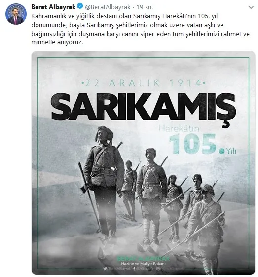 Bakan Berat Albayrak’tan Sarıkamış Şehitlerini Anma Günü mesajı