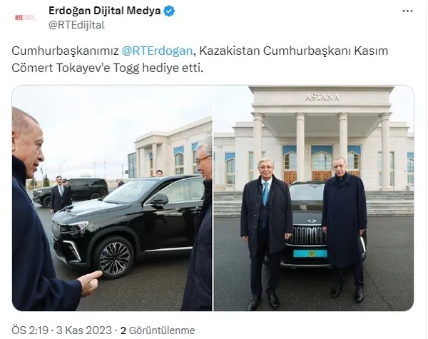 Başkan Erdoğan Tokayev’e Togg hediye etti