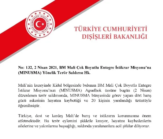 Dışişleri Bakanlığından Mali'deki terör saldırısına kınama - 1