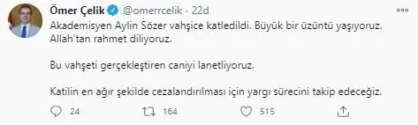 Son dakika: Siyasi isimlerden Aylin Sözer cinayetine tepki! Yargı gerekeni yapacaktır