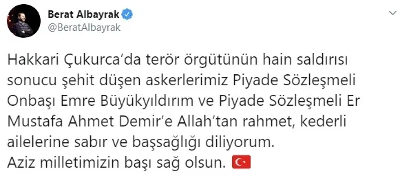 Hazine ve Maliye Bakanı Berat Albayrak’tan şehit askerler için başsağlığı mesajı
