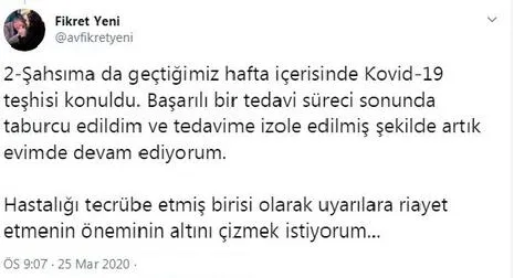 AK Parti eski Adana İl Başkanı Fikret Yeni koronavirüsü yendi, "Tedbirlere uyun" mesajı verdi - 2