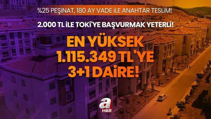 En yüksek 1.115.349 TL’ye 3+1 daire! 2.000 TL ile TOKİ’ye başvurmak yeterli! %25 peşinat, 180 ay vade ile anahtar teslim!