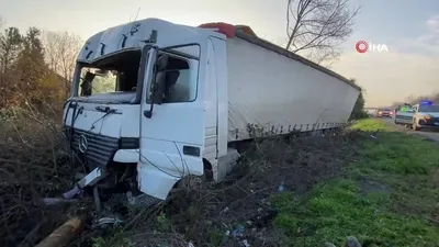 Yoldan çıkan tır, ağaçlık alana uçtu!