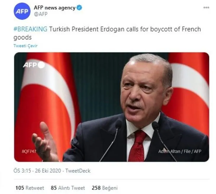 Başkan Erdoğan’ın “Fransız ürünlerine boykot” sözleri dünyada ilk haber!