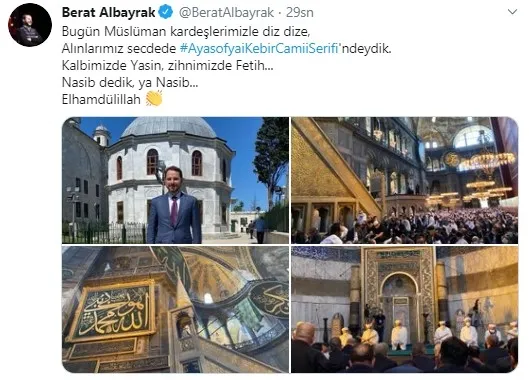 Hazine ve Maliye Bakanı Berat Albayrak’tan Ayasofya Camii mesajı