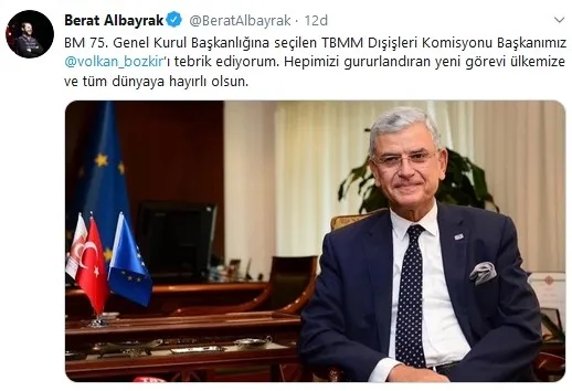 Hazine ve Maliye Bakanı Berat Albayrak'tan BM 75. Genel Kurul Başkanlığına seçilen Volkan Bozkır'a tebrik - 1