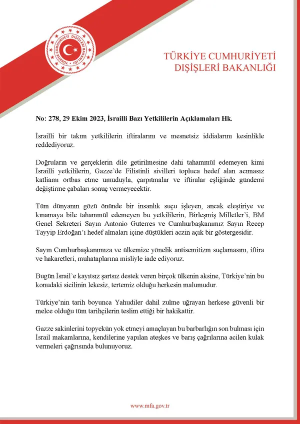 Dışişleri Bakanlığı İsrailli yetkililerin Türkiye ve Başkan Erdoğan’a yönelik iftiralarına tepki gösterdi
