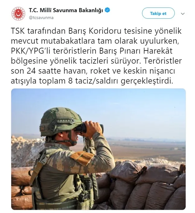 MSB: Barış Pınarı Harekatı bölgesine 8 taciz/saldırı gerçekleştirildi - 1