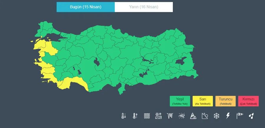 hava-kalitesi-dusuyor-yagis-geliyor-toz-tasinimi-sonrasi-siddetli-saganak-1776230068404.jpg Meteoroloji Genel Müdürlüğü 15 Nisan Çarşamba günü 6 ilimizi toz taşınımına karşı sarı kodla uyardı. (Fotoğraf: MGM)