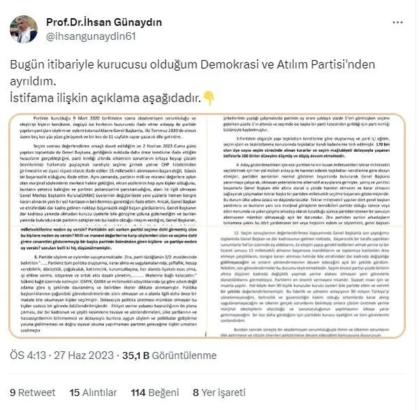 DEVA Partisi’nde bir üst düzey istifa daha! İhsan Günaydın’dan yaylım ateşi: Milli ve manevi değerlerle çelişen marjinal görüşlere hapsolduk