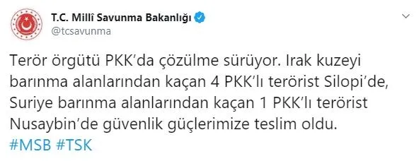 Milli Savunma Bakanlığı duyurdu: 5 terörist daha teslim oldu - 1