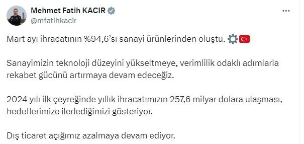 Bakan Kacır mart ayı dış ticaret verilerini değerlendirdi: Hedeflerimize ilerliyoruz