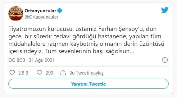 Ferhan Şensoy hayatını kaybetti