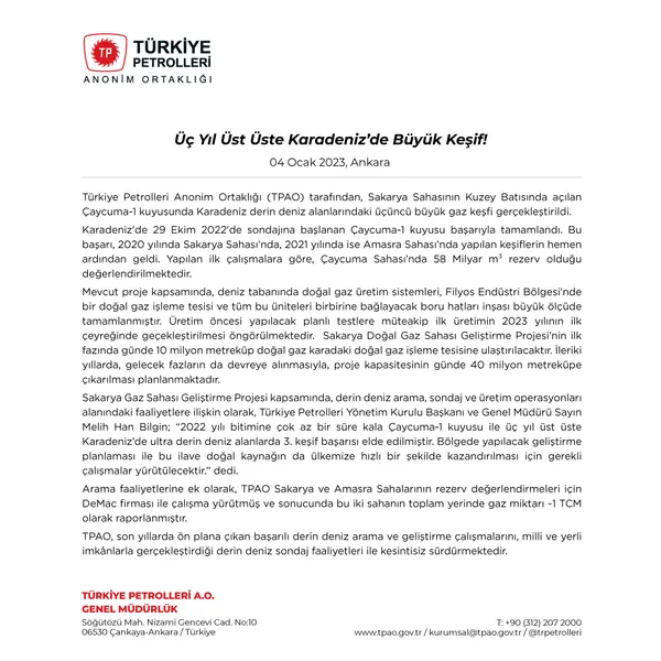 TPAO’dan doğal gaz açıklaması: Karadeniz’de 3 yıl üst üste büyük keşif