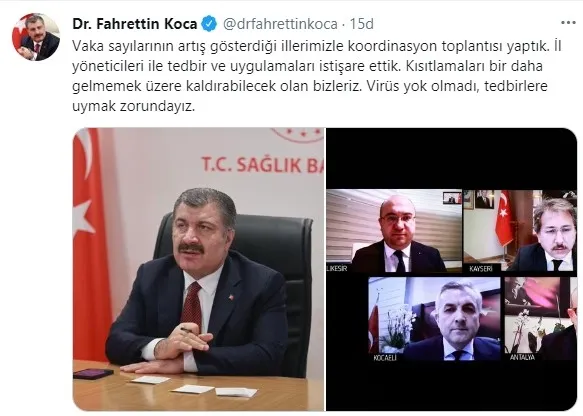 Sağlık Bakanı Fahrettin Koca, Kovid-19 vaka sayılarının artış gösterdiği 5 ilin sağlık müdürleriyle görüştü