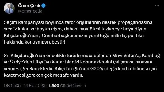 AK Parti Sözcüsü Ömer Çelik’ten CHP Sözcüsü Faik Öztrak’a dış politika ve terör tepkisi