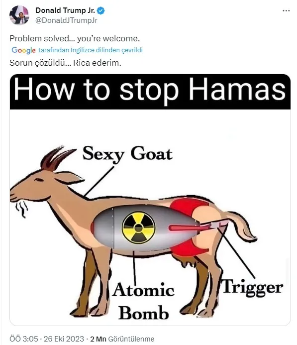 Donald Trump’ın oğlu Trump Jr. İsrail’e arka çıktı! Skandal atom bombası önerisi