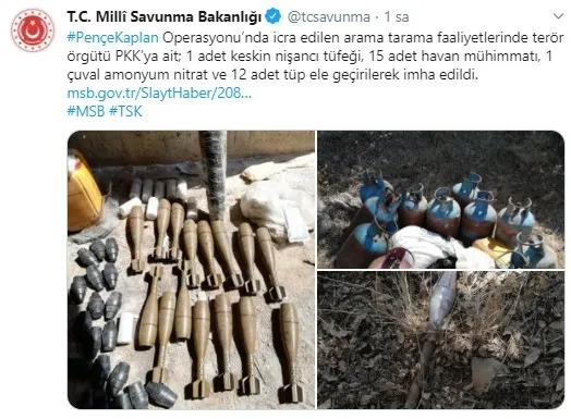 MSB açıkladı: Pençe-Kaplan Operasyonu’nda bulunan silah ve mühimmatlar imha edildi