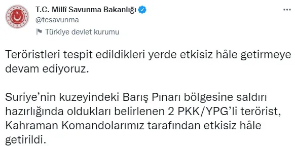 Son dakika: Barış Pınarı bölgesine saldırı hazırlığındaki 2 terörist öldürüldü - 1