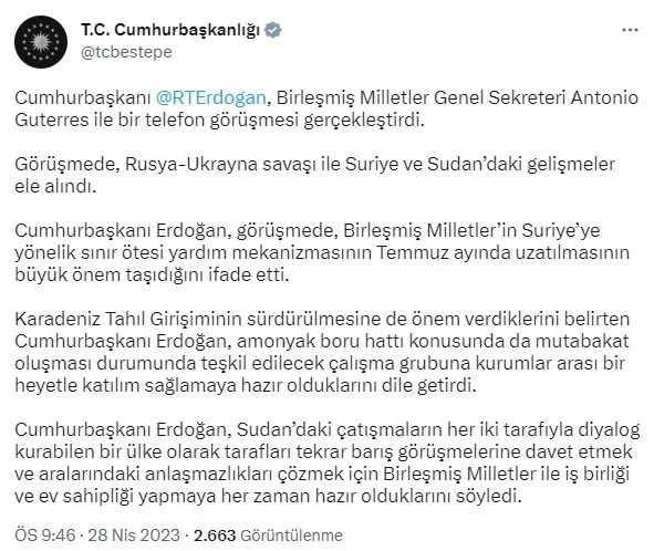 Başkan Erdoğan ve BM Genel Sekreteri Guterres arasında kritik görüşme: Sudan’da anlaşmazlıkları çözmek için hazırız