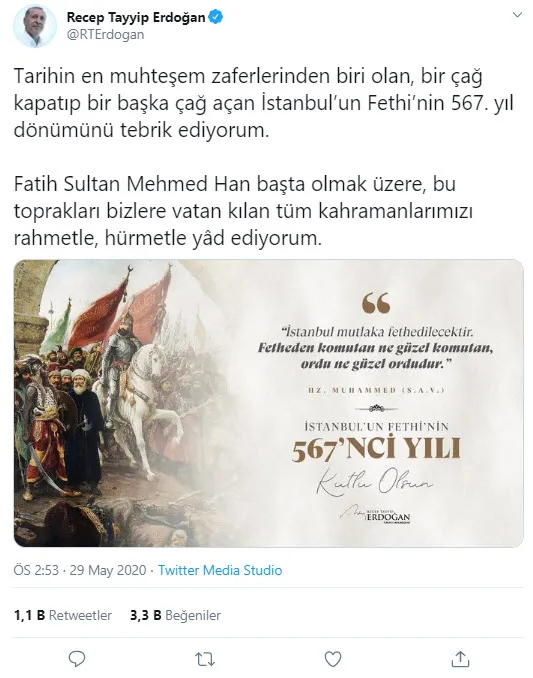 Son dakika: Başkan Erdoğan’dan ’İstanbul’un fethi’ mesajı! Saatler tam 14.53’ü gösterirken paylaştı