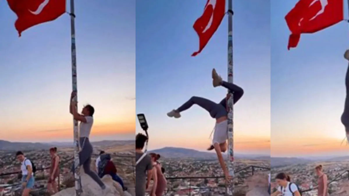 Kapadokya'da yabancı turistten skandal hareket! Türk bayrağı direğinde uygunsuz hareketlerde bulundu