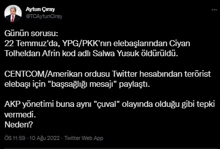 İYİ Partili Aytun Çıray’dan ’Teröriste taziye yayımlayan ABD’ye tepki gösterilmedi’ yalanı