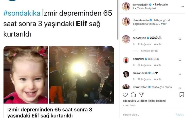 Elif Perinçek 65 saat sonra enkazdan çıkarıldı! Ünlü isimler sevincini sosyal medyadan paylaştı