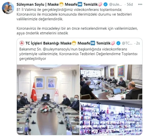 İçişleri Bakanı Süleyman Soylu’dan 81 ilin valisine çağrı: Korona virüs aşısına önderlik edin