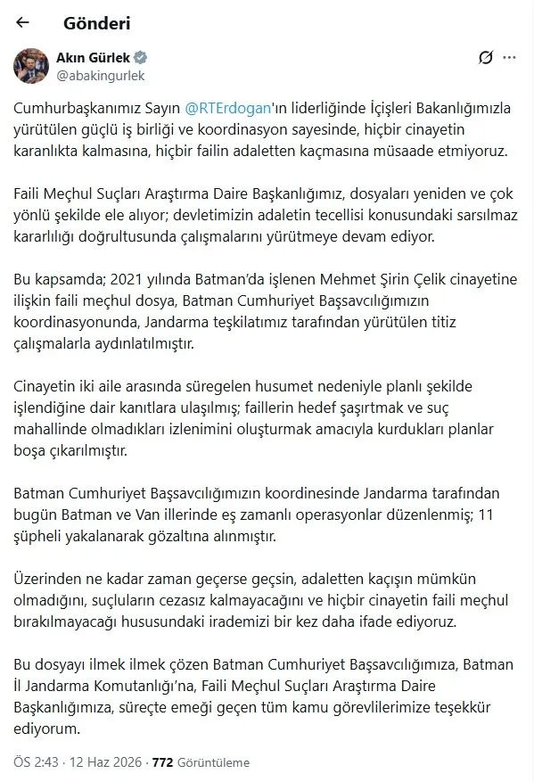 Adalet Bakanı Akın Gürlek duyurdu: Batman'da işlenen Mehmet Şirin Çelik cinayeti aydınlatıldı - 1