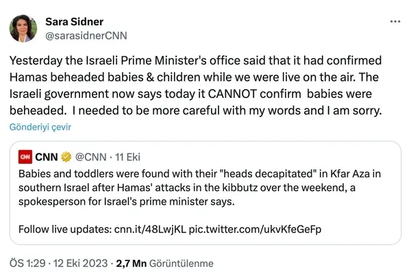 Hamas İsrailli çocukları öldürüyor iddiaları yalanlandı! Algı operasyonu yapan CNN muhabiri özür diledi