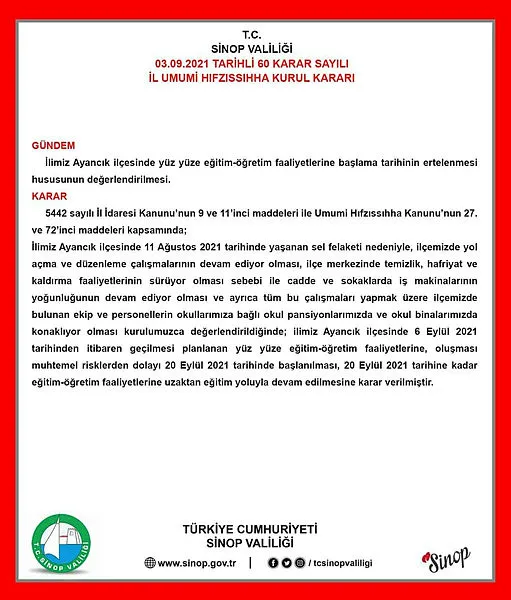 Sel felaketinin yaşandığı Ayancık’ta yüz yüze eğitim 20 Eylül’de başlayacak