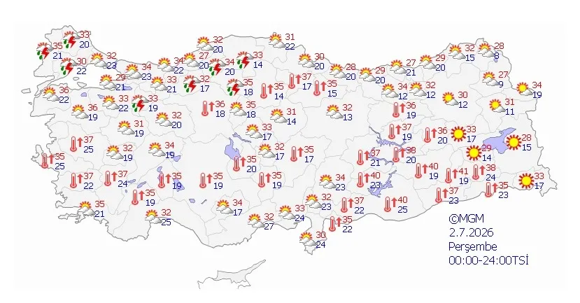 2 Temmuz Perşembe hava tahmin haritası