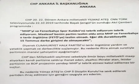 CHP’den ihraç edilen Yılmaz Ateş’in disiplin süreci ve savunması ortaya çıktı