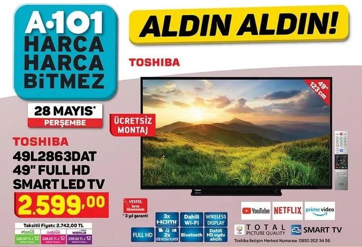 A101 28 Mayıs 2020 aktüel kataloğu: Toshiba Smart Led TV dikkat çekiyor! A101 perşembe indirimleri neler?
